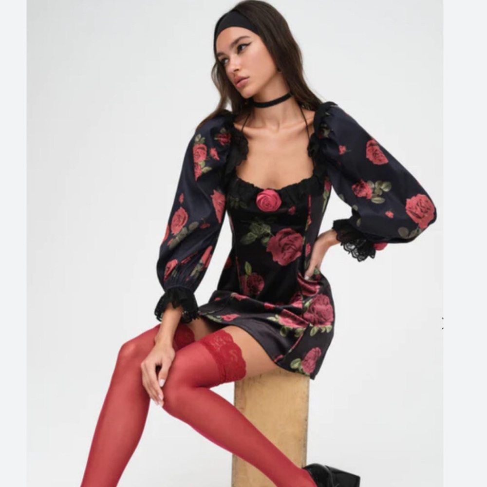 NWT For Love & Lemons Yara Mini Black Velvet Mini Dress with Red Rose Print